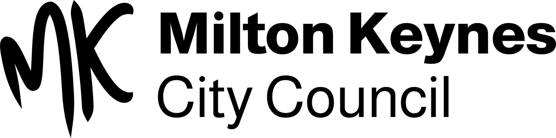 Black logo reading “Milton Keynes City Council,” with a stylised handwritten “MK” symbol on the left and bold sans-serif text on a light grey background.