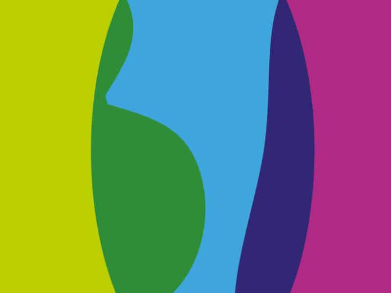 Zoomed in image of the BID Services logo letters, which are bubble like letters for B, I and D in light green, light blue and purple, overlapping one another to show dark green and dark blue where they overlap.