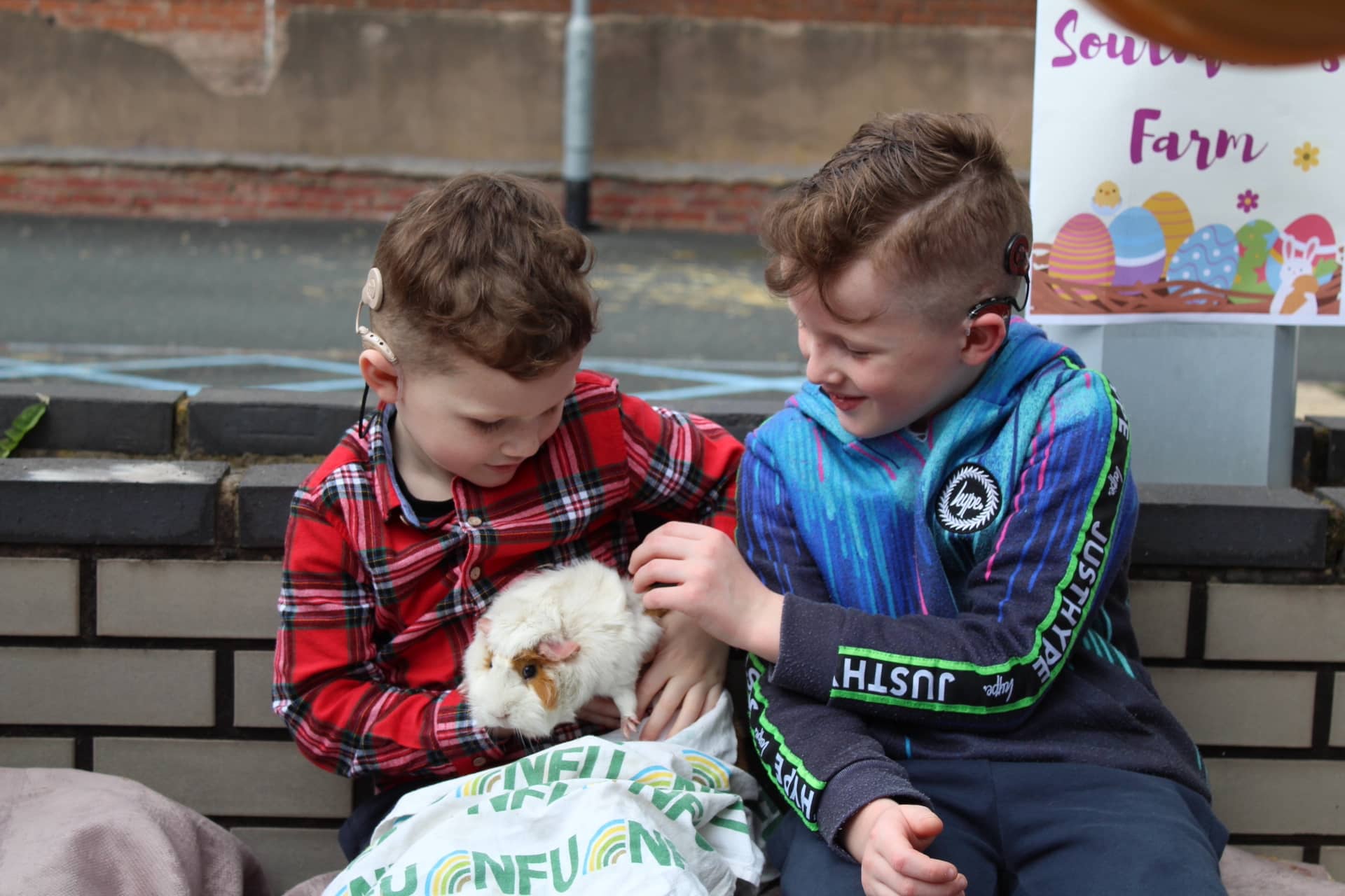 Two young boys with cochlear implants sit outside. One is holding a guinea pig whilst the other strokes it.