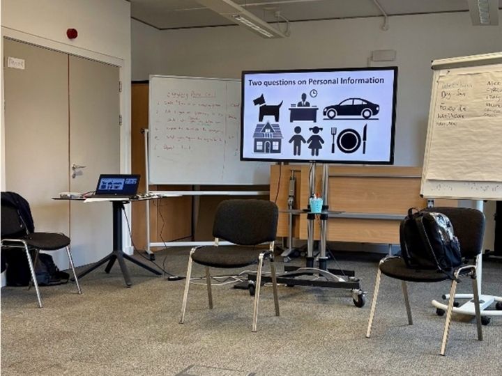A large tv with bold black text which says 'two questions on personal information'. Below are 6 black icons representing a dog, office desk, car, house, boy/girl and a dinner plate.