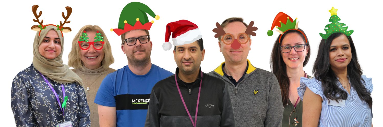 7 staff headshots, each with cartoon Christmas head accessories such as antlers, santa hat, elf hat and reindeer glasses.