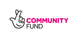 National Lottery Community Fund logo. To the left is a cartoon hand with the middle and index finger crossed with eyes and a smile. To the right the word community is dark pink and bold with the word fund directly beneath in thin black font.