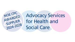 "NOE CPC Awarded Supplier 2024-2028 Advocacy Services for Health and Social Care" in dark blue with 4 pale circles in the background in blues and pink.