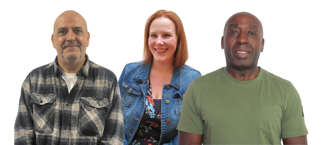 Staff headshots. Dinos is a Greek, bald man. Hannah is a white female with shoulder length ginger hair. Milton is a black, bald man. Each of them are smiling.