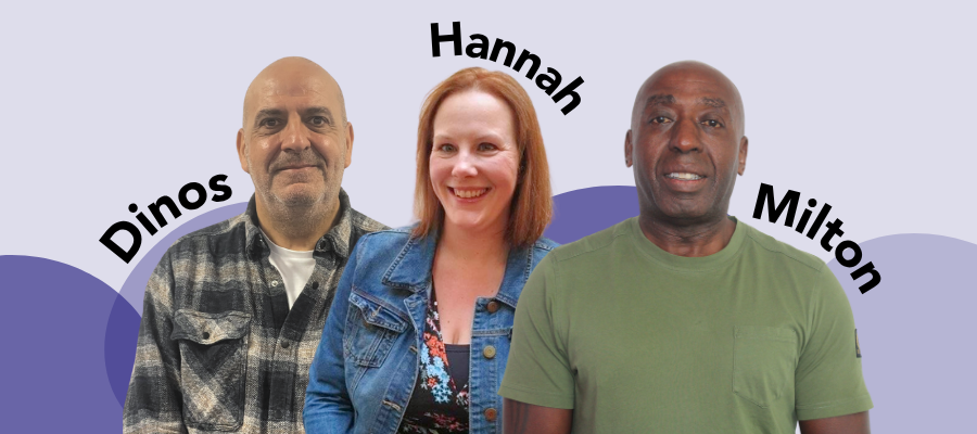Staff headshots. Dinos is a Greek, bald man. Hannah is a white female with shoulder length ginger hair. Milton is a black, bald man. Each of them are smiling. 