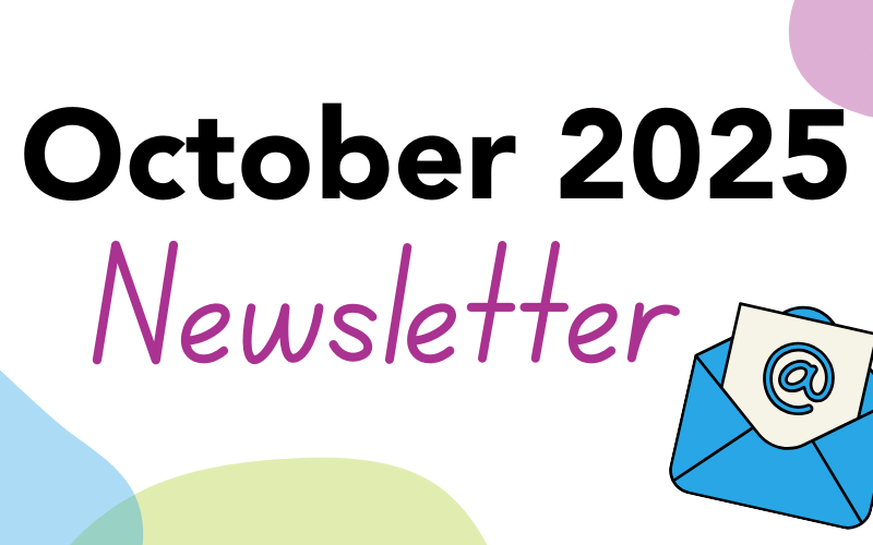 October 2025 in bold, black font and below, the word newsletter is in thin, handwritten-style purple font. There is a cartoon graphic of an email in the right bottom corner.