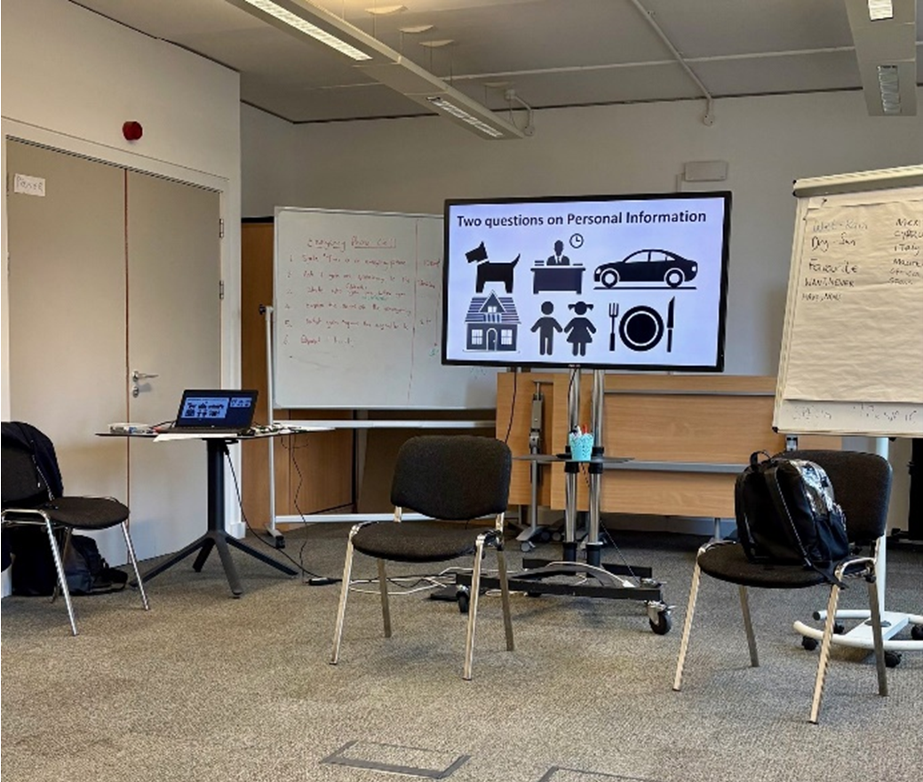 A large tv with bold black text which says 'two questions on personal information'. Below are 6 black icons representing a dog, office desk, car, house, boy/girl and a dinner plate.