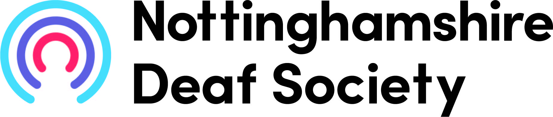 Nottinghamshire Deaf Society logo featuring three concentric open circular shapes in turquoise, purple and pink alongside the organisation name in black text.